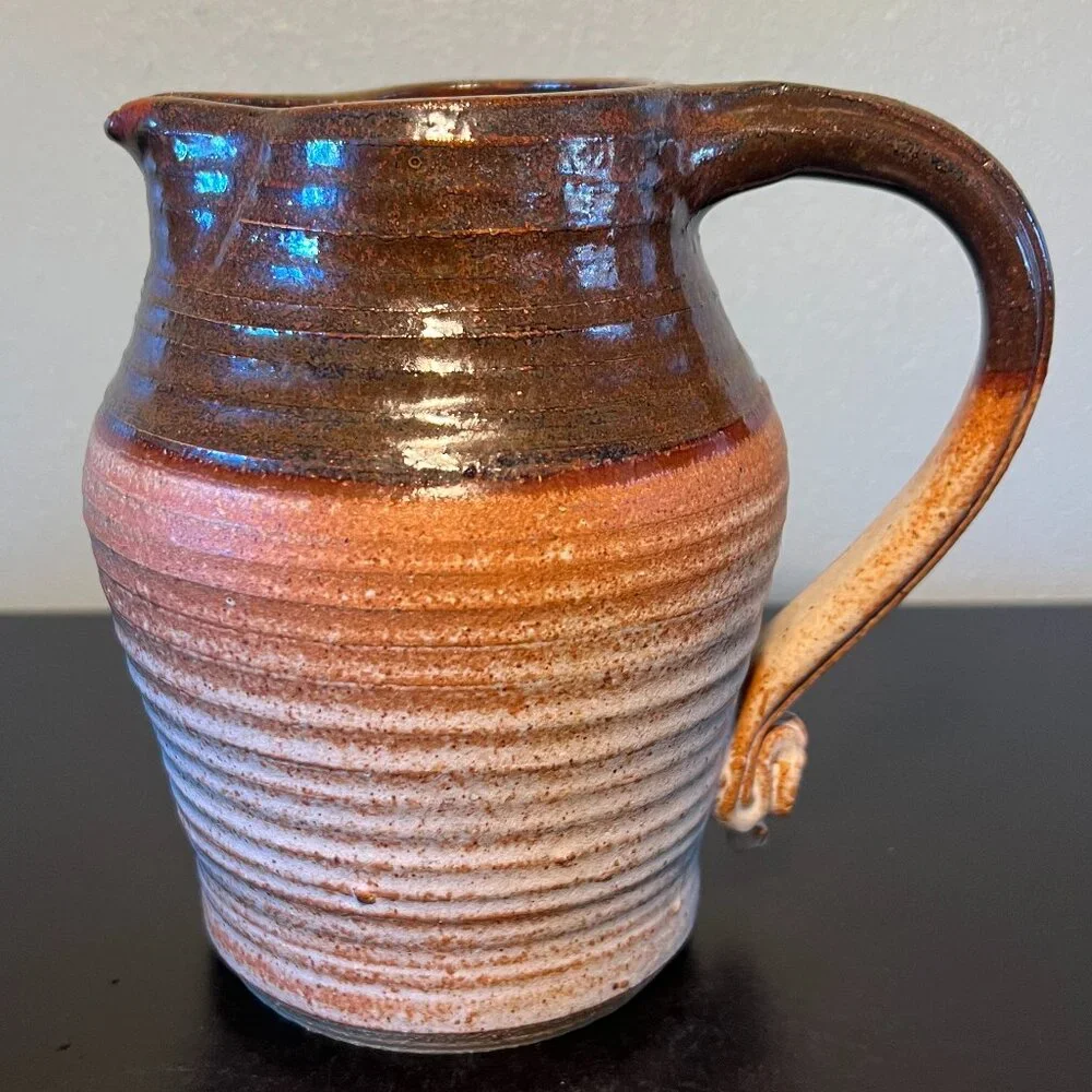 Handcrafted Hand Thrown Studio Clay Pottery  Rounded & Ribbed Water Pitcher - Picture 5 of 16